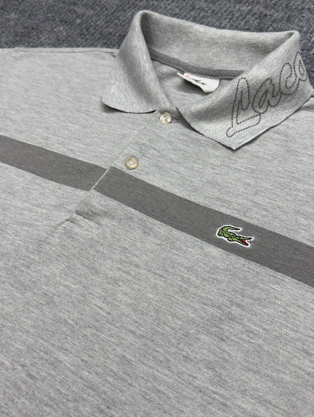 Lacoste Polo Shirt Mens Sz FR 5 US Large Gray Collar Spellout Logo Preppy Casual